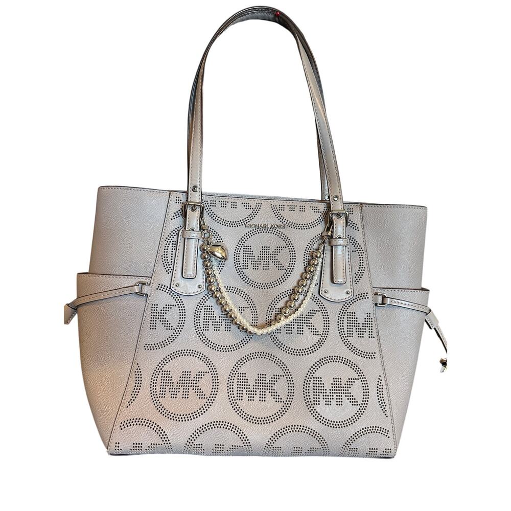 Michael Kors Voyager EW Tote Pearl Grey Perforated Leather 38S0SV6T4U